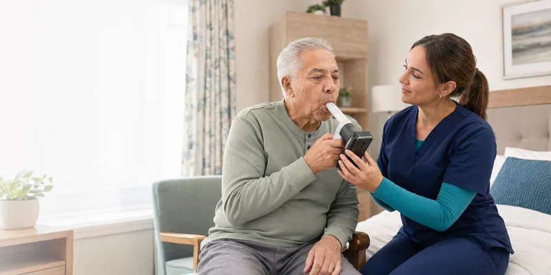 A respiratory clinician supports an older resident during diagnostic testing in the care community.